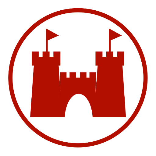The logo of a red castle with two towers and flags on top in the middle of a red outline of a circle.
